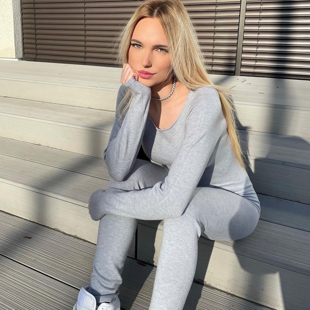 𝗡𝗪𝗧 𝗭𝗮𝗿𝗮 • Long Knit Jumpsuit Round Neck Long Sleeve Blue Gray S M